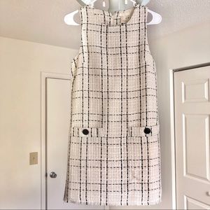 Black and cream plaid tweed shift dress